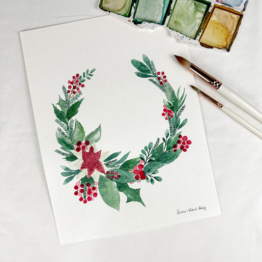 Original watercolor - Red Christmas wreath