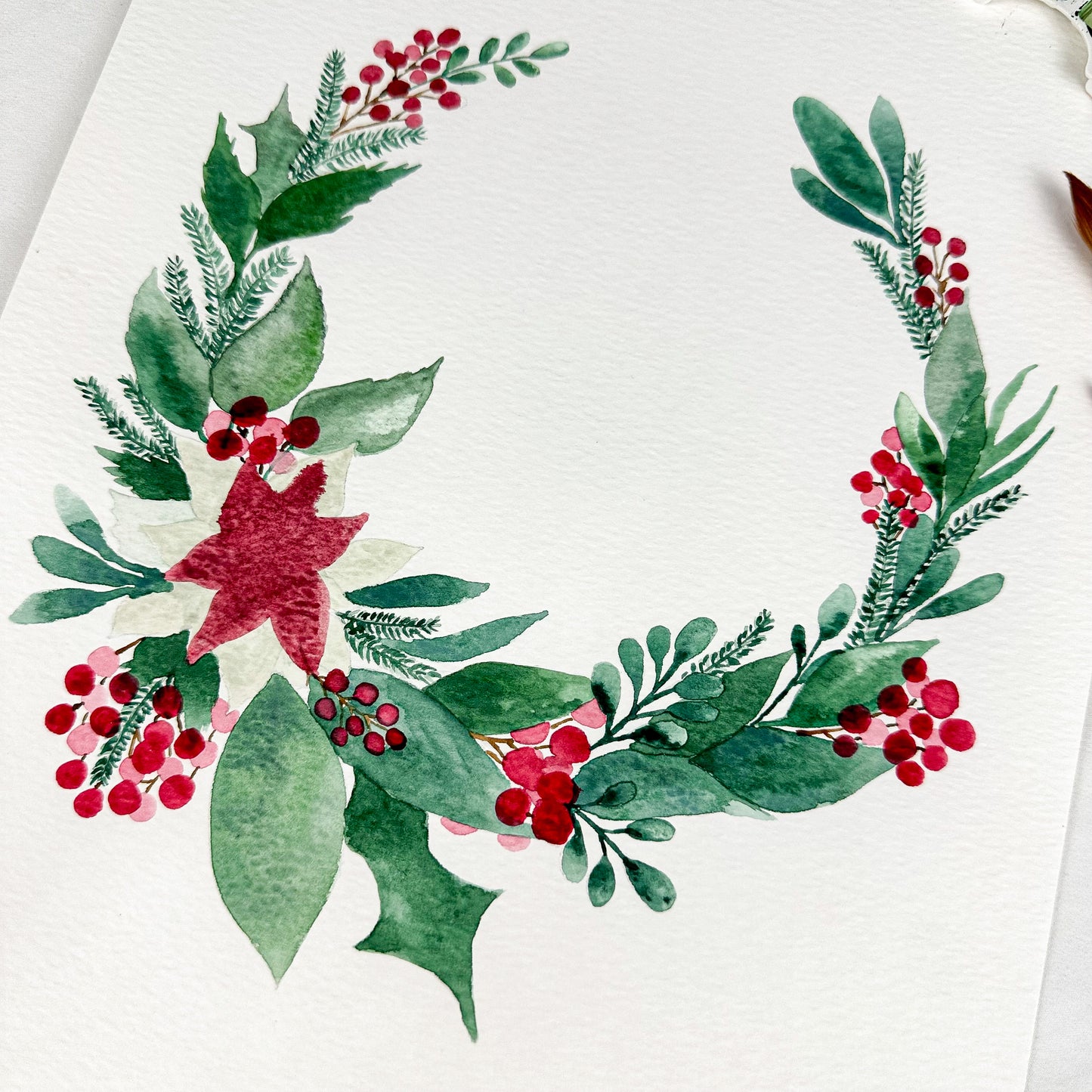 Original watercolor - Red Christmas wreath