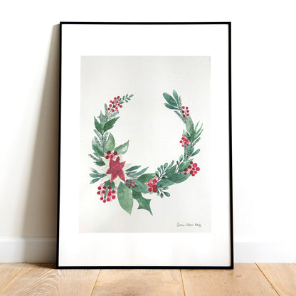 Original watercolor - Red Christmas wreath