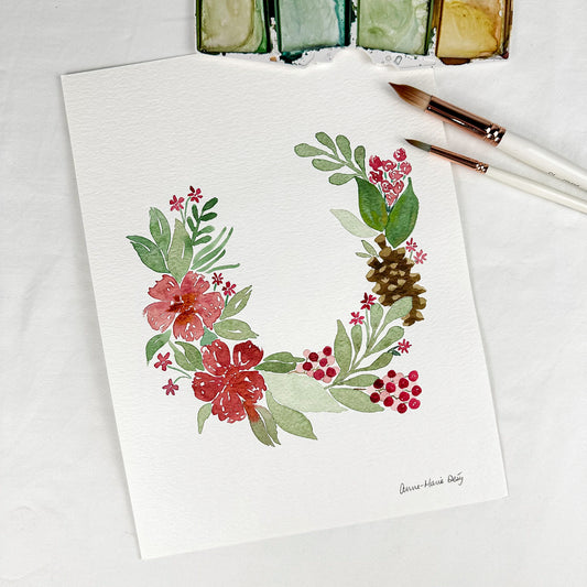 Aquarelle originale - Couronne de Noël fleurs et cocotte