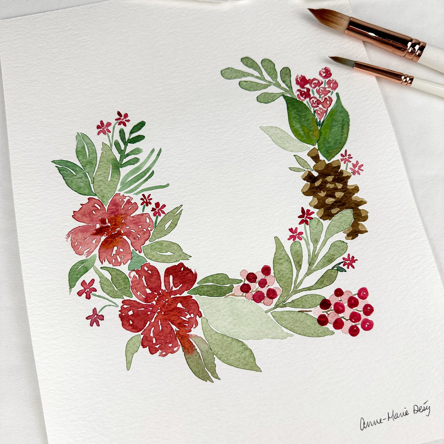 Original watercolor - Christmas wreath flowers and casserole