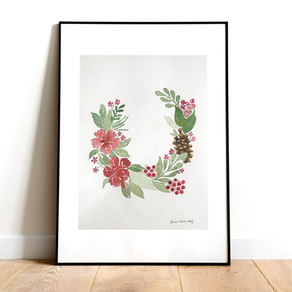 Original watercolor - Christmas wreath flowers and casserole