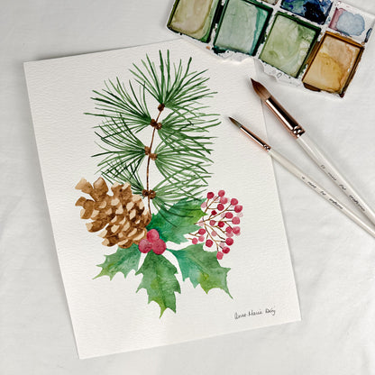 Aquarelle originale - Bouquet de Noël branche de pin