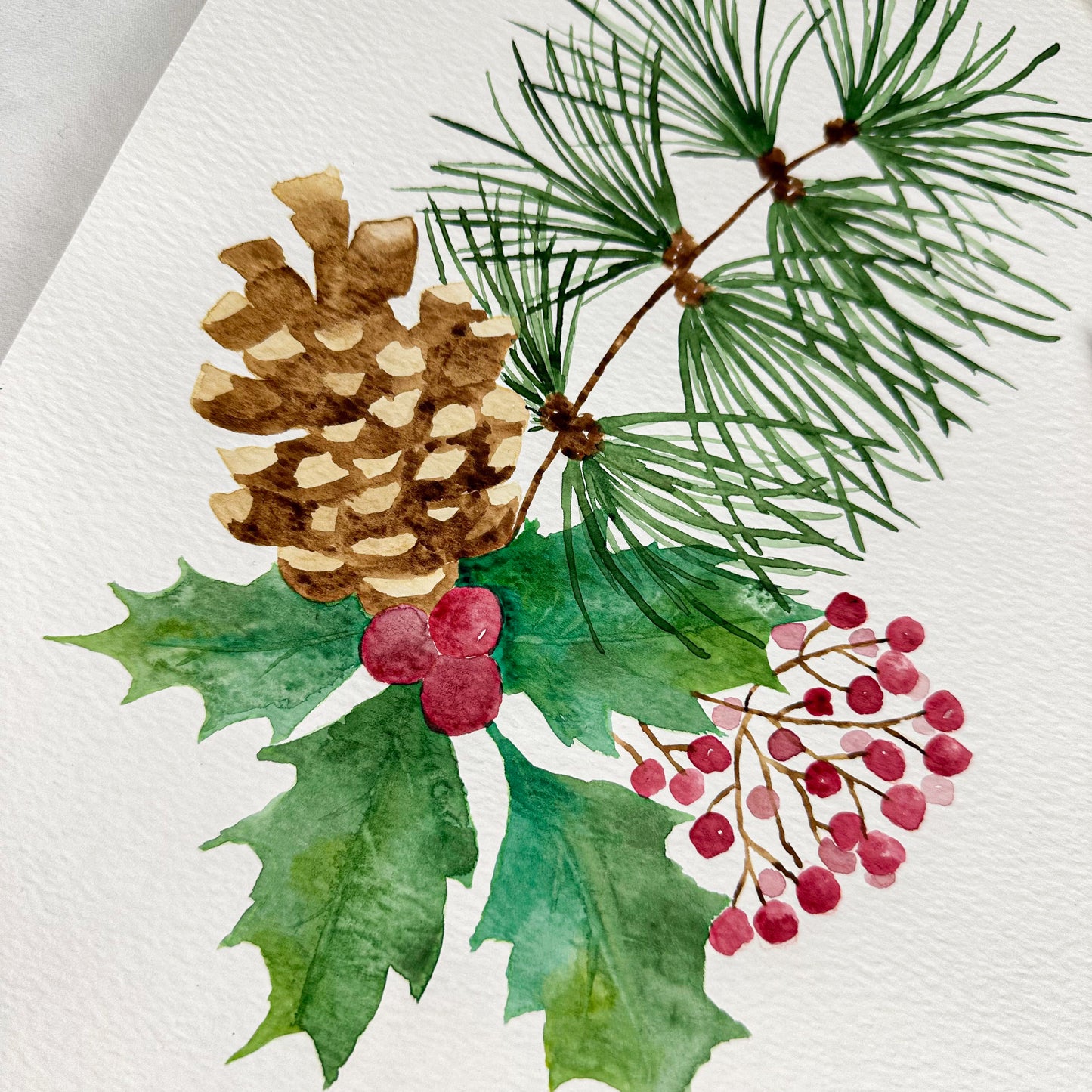 Aquarelle originale - Bouquet de Noël branche de pin