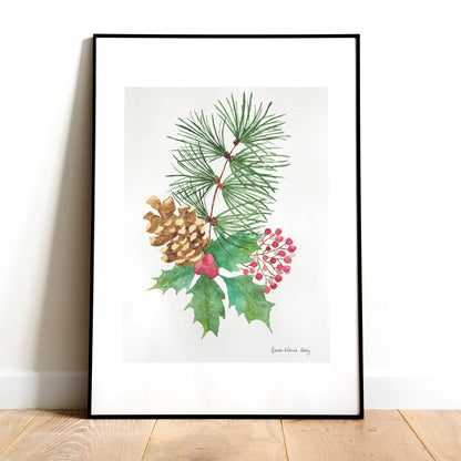 Aquarelle originale - Bouquet de Noël branche de pin