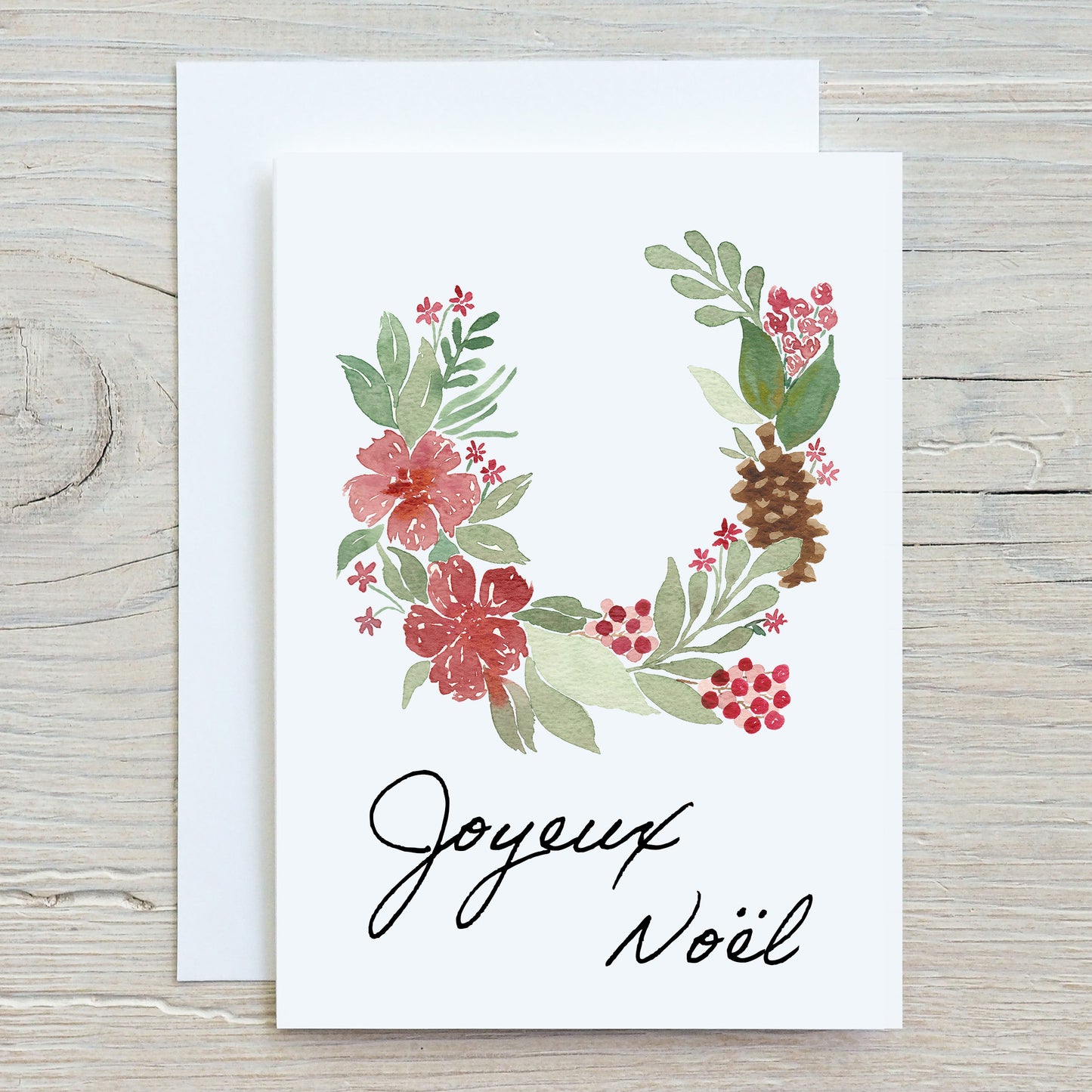 Printed greeting cards - Christmas wreath red flowers