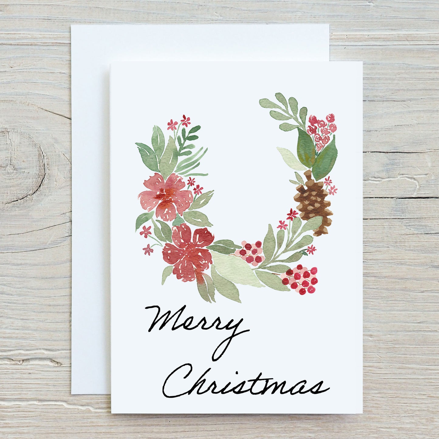 Printed greeting cards - Christmas wreath red flowers