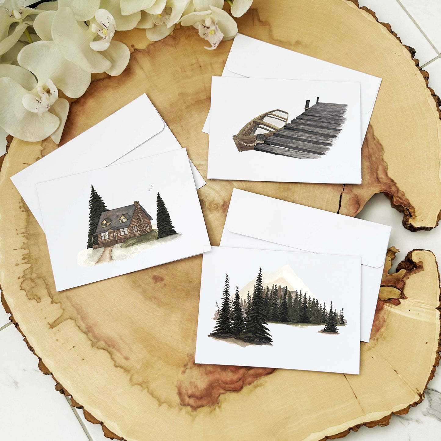 Trio de cartes de souhait imprimées - Chalet paysage