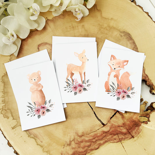 Trio de cartes de souhait imprimées - Animaux et fleurs